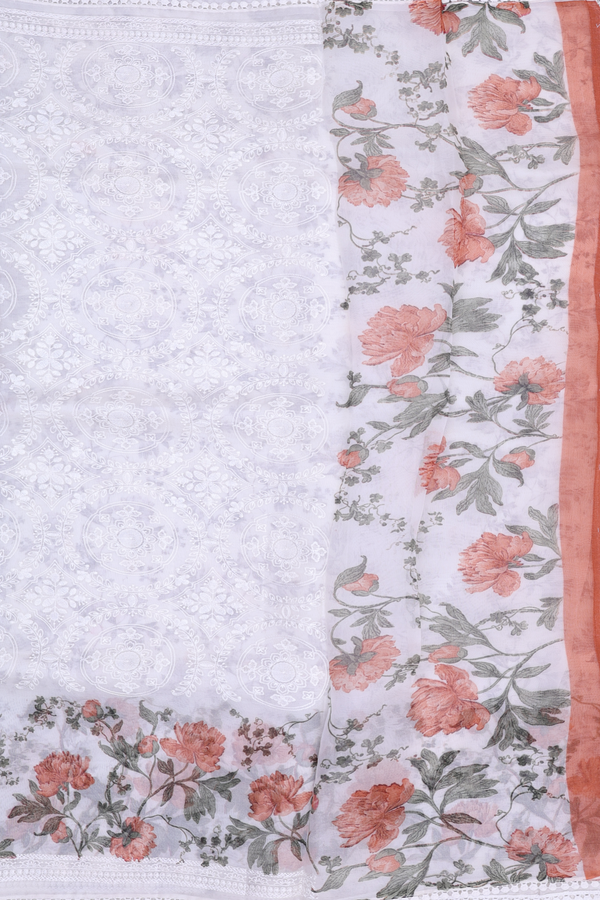 Organza Silk Saree In White With Floral Embroidered Design