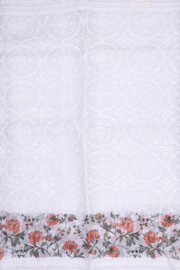 Organza Silk Saree In White With Floral Embroidered Design