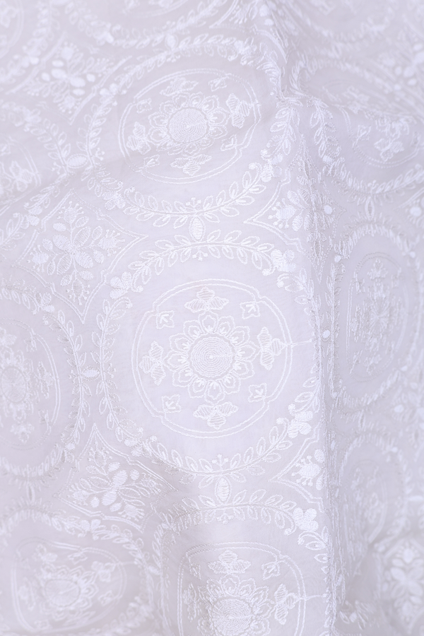 Organza Silk Saree In White With Floral Embroidered Design