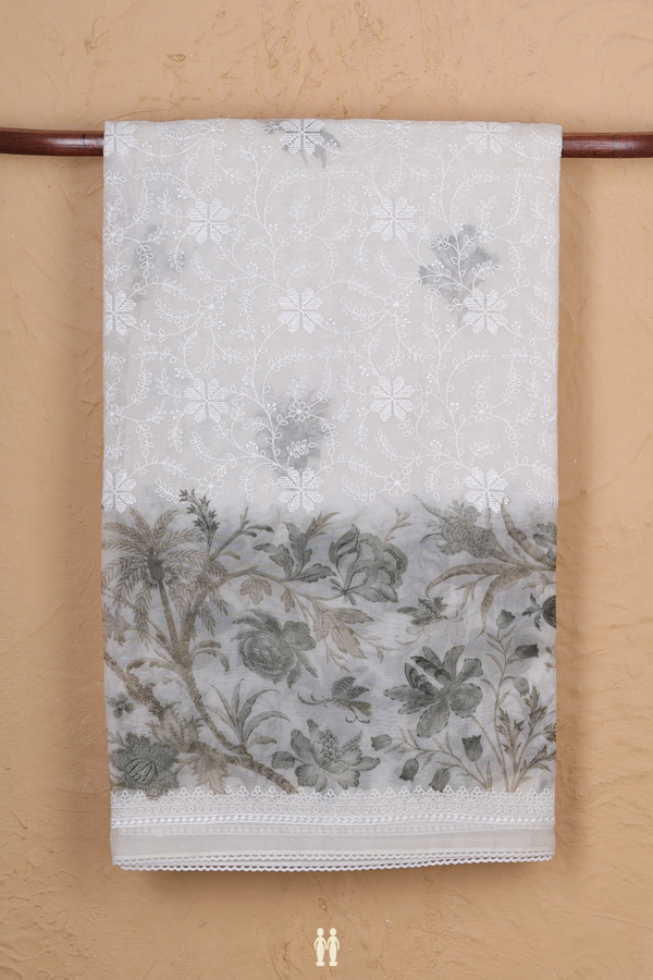 Organza Silk Saree In White With Floral Embroidered Design