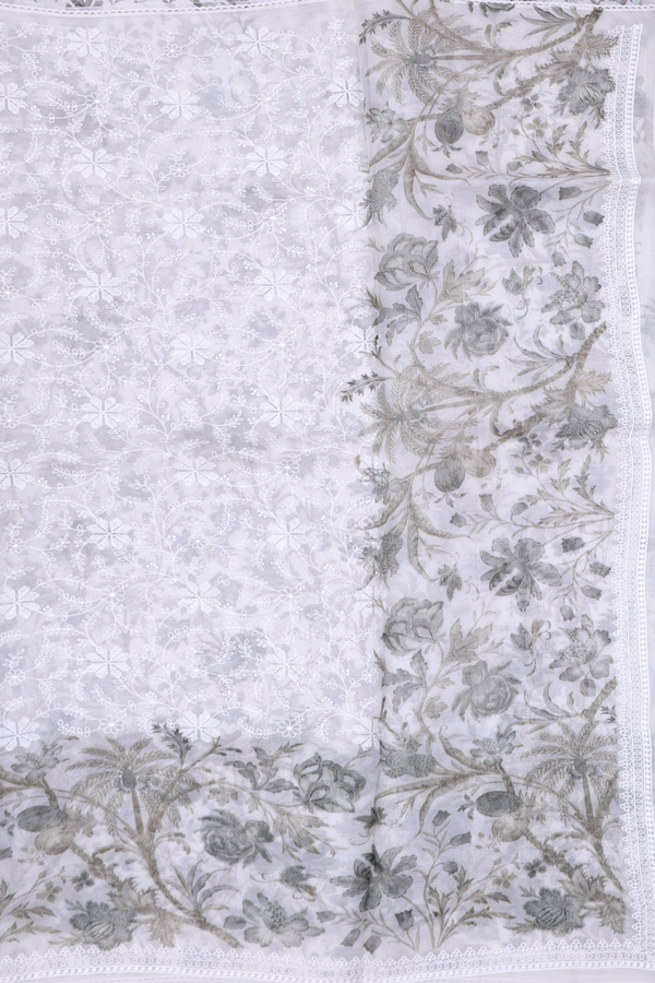 Organza Silk Saree In White With Floral Embroidered Design