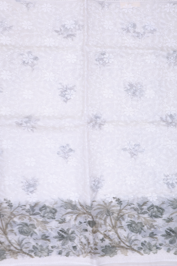 Organza Silk Saree In White With Floral Embroidered Design