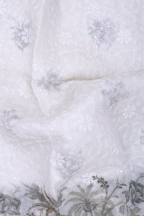 Organza Silk Saree In White With Floral Embroidered Design