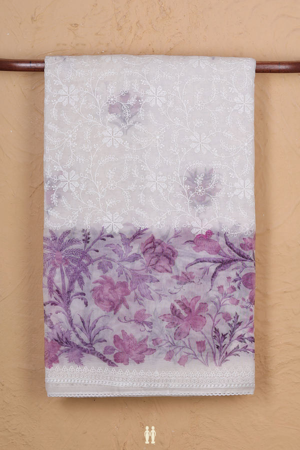 Organza Silk Saree In White With Floral Embroidered Design
