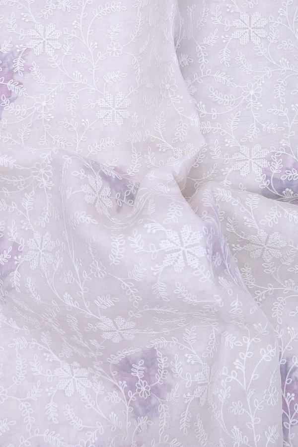 Organza Silk Saree In White With Floral Embroidered Design