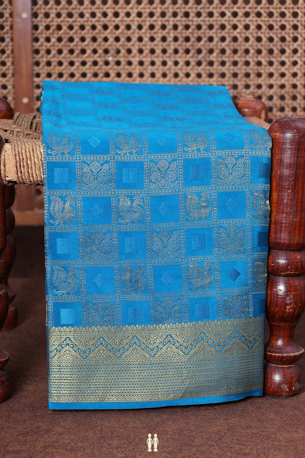 Mysore Silk Saree In Teal Blue With Checks Design