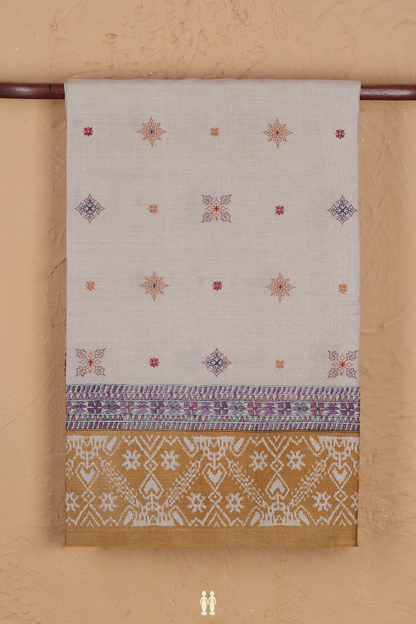 Tussar Silk Saree In Cream Color With Embroidered Design