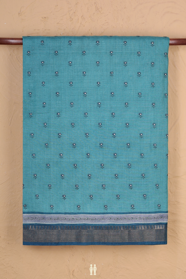 Tussar Silk Saree In Turkish Blue With Floral Buttis