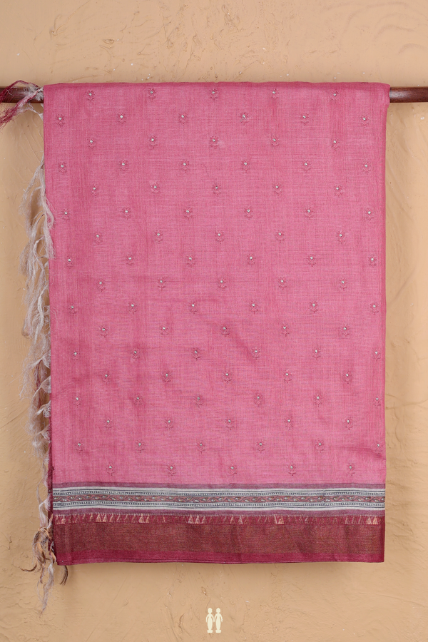 Tussar Silk Saree In Punch Pink With Floral Buttis