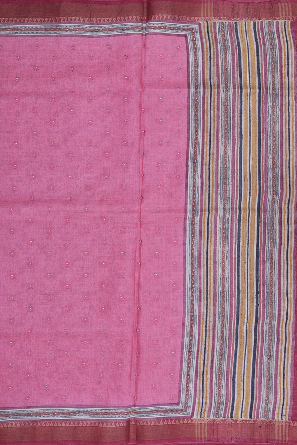 Tussar Silk Saree In Punch Pink With Floral Buttis