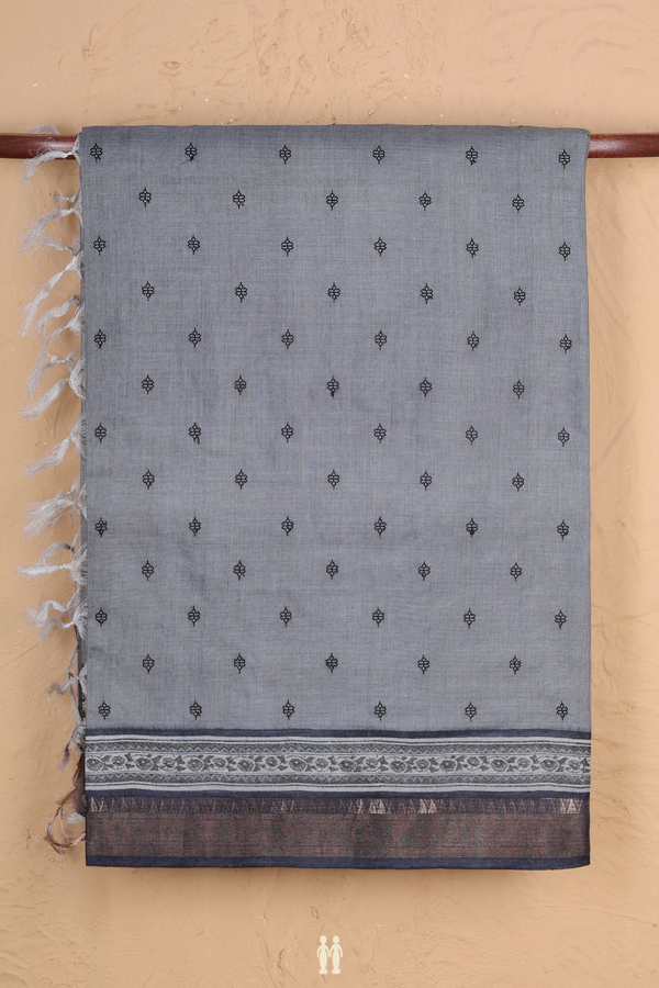 Tussar Silk Saree In Grey With Floral Buttis