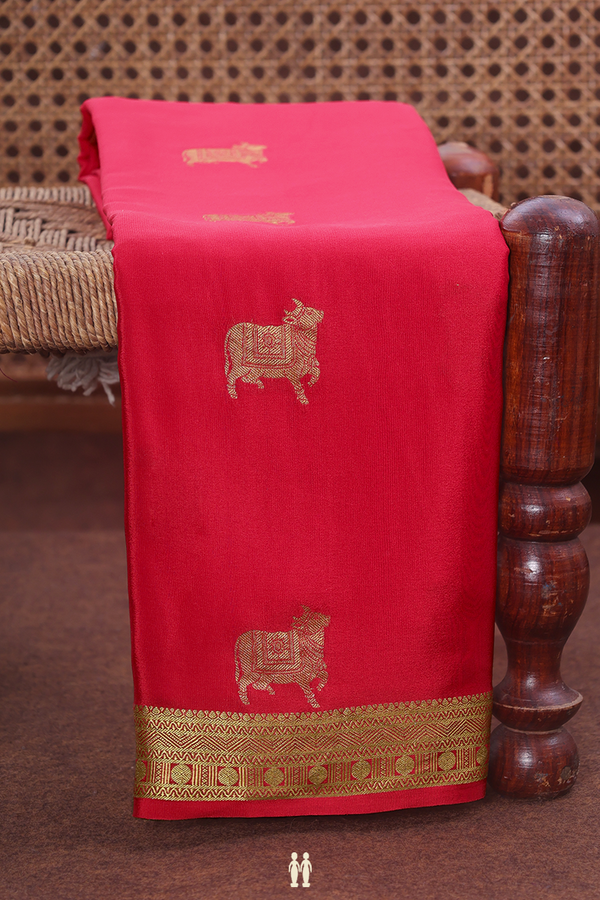 Mysore Silk Saree In Scarlet Red With Cow Buttas