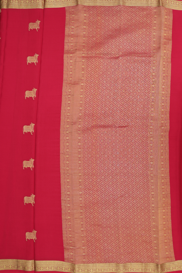 Mysore Silk Saree In Scarlet Red With Cow Buttas