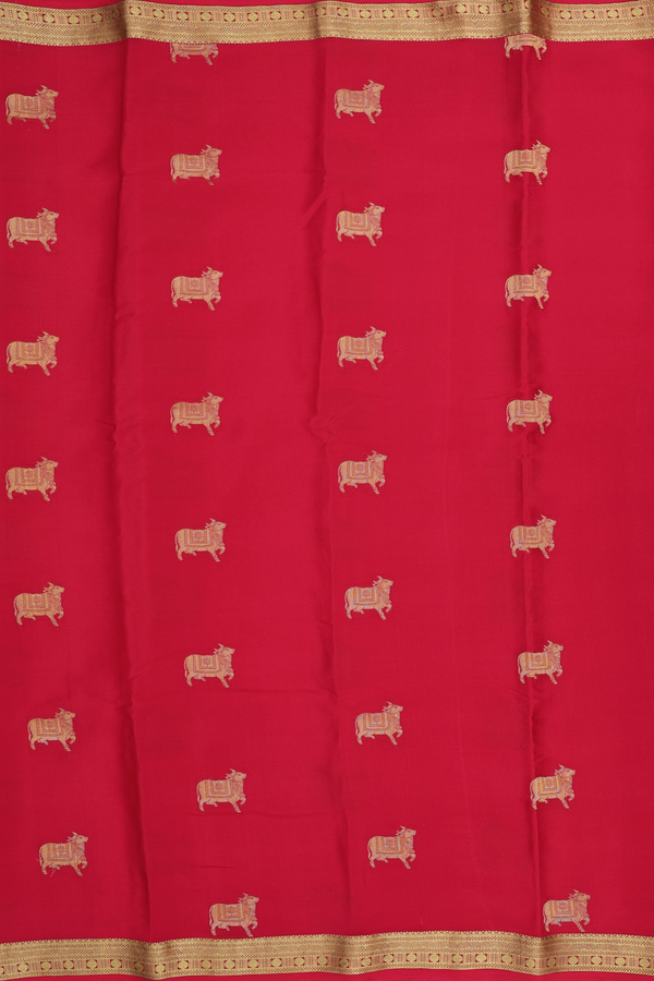 Mysore Silk Saree In Scarlet Red With Cow Buttas
