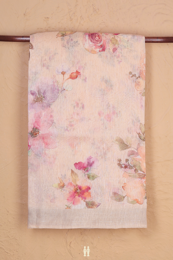 Linen Saree In Light Orange With Floral Design