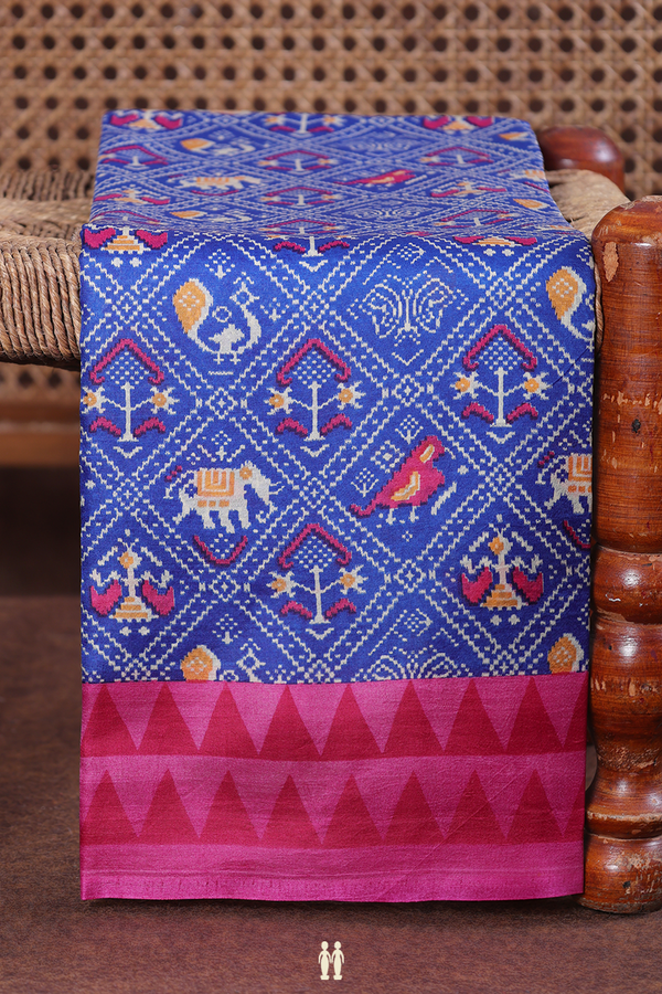 Printed Silk Saree In Royal Blue With Ikat Design