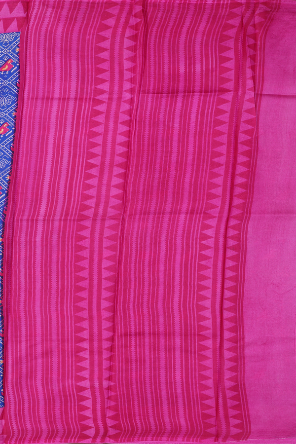 Printed Silk Saree In Royal Blue With Ikat Design