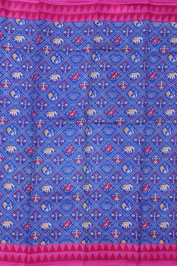 Printed Silk Saree In Royal Blue With Ikat Design