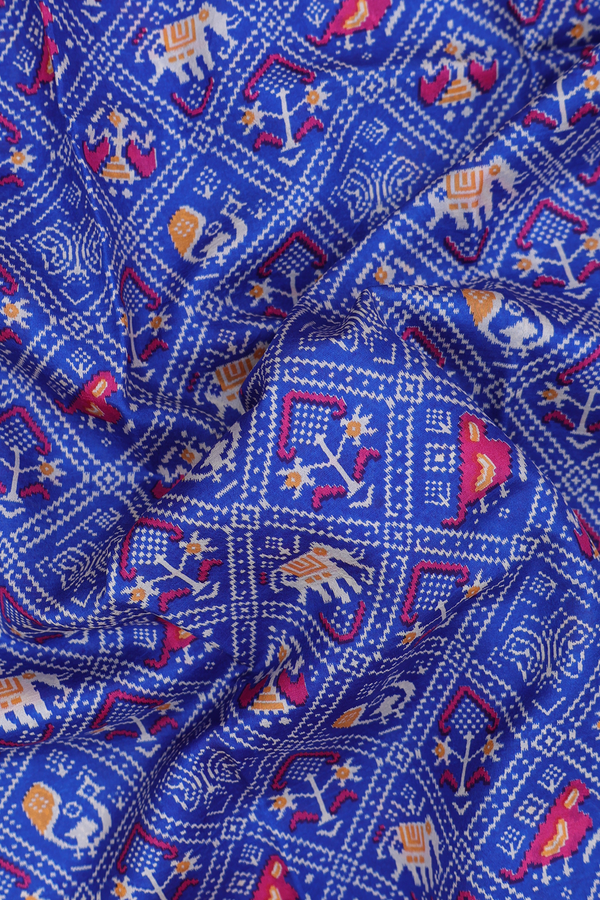 Printed Silk Saree In Royal Blue With Ikat Design