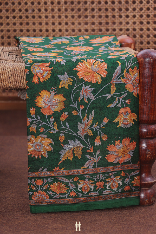 Printed Silk Saree In Forest Green With Floral Design