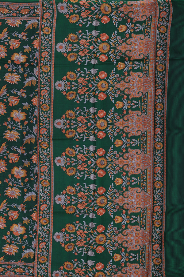 Printed Silk Saree In Forest Green With Floral Design