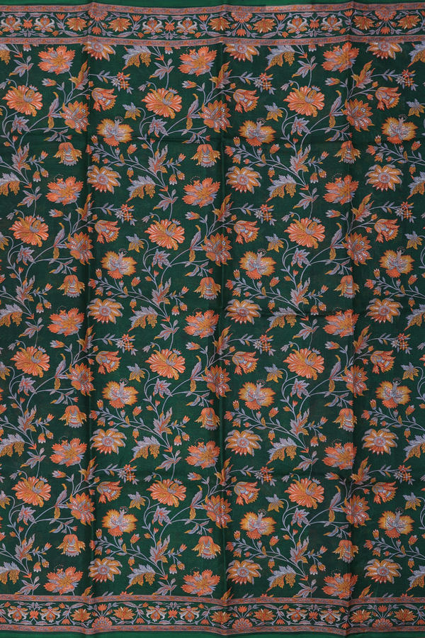 Printed Silk Saree In Forest Green With Floral Design