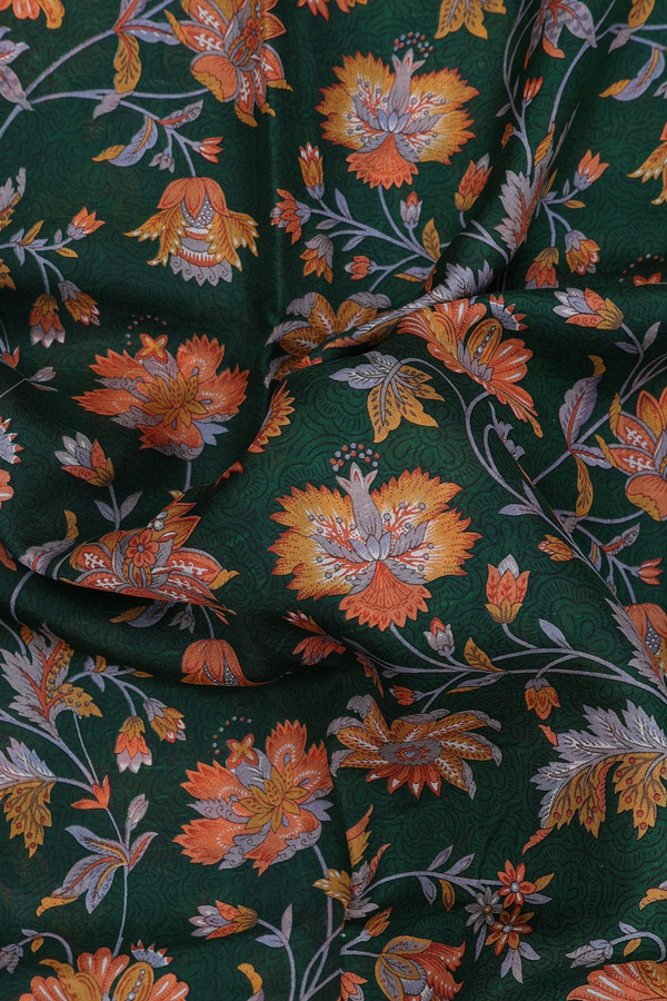Printed Silk Saree In Forest Green With Floral Design