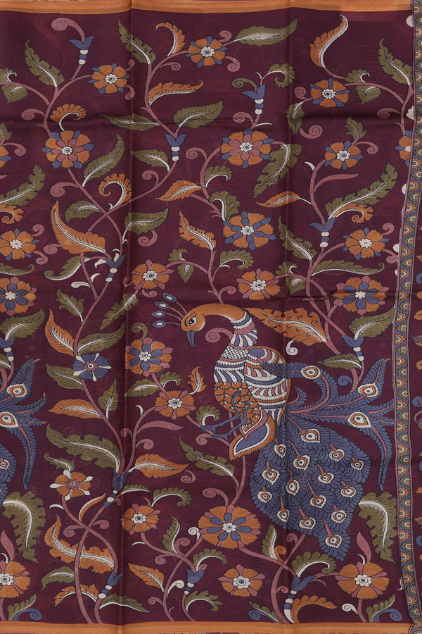 Printed Silk Saree In Brown With Floral Design