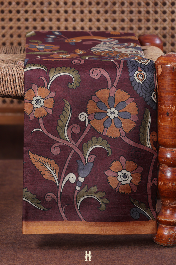 Printed Silk Saree In Brown With Floral Design