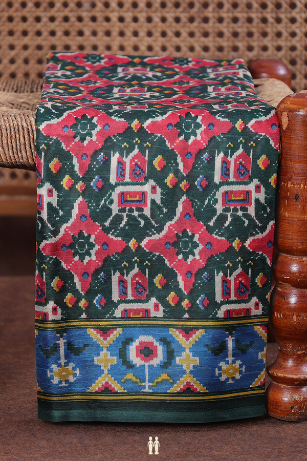 Printed Silk Saree In Forest Green With Allover Design