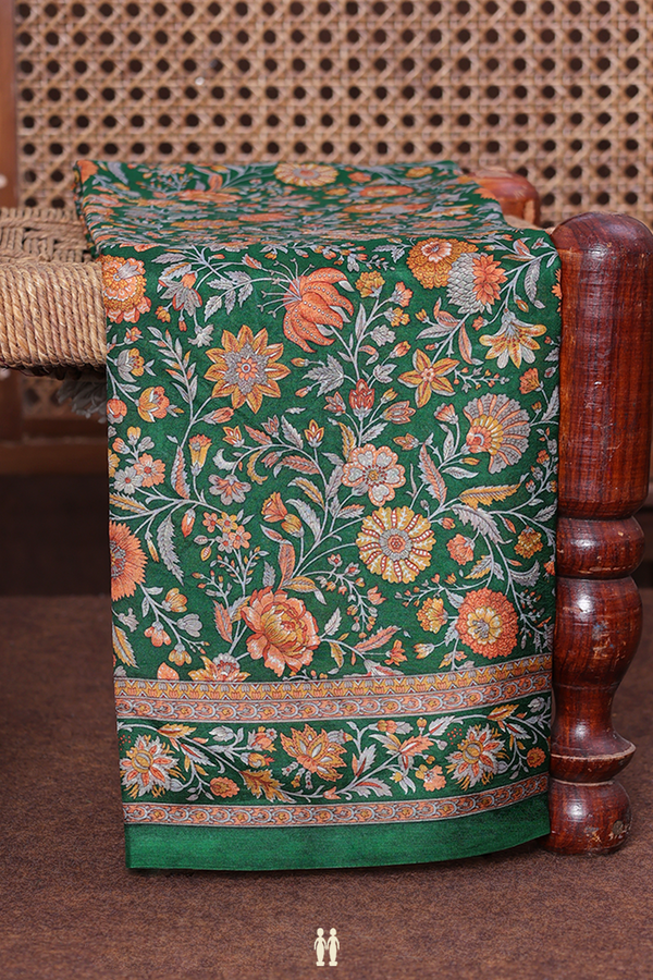 Printed Silk Saree In Forest Green With Floral Design