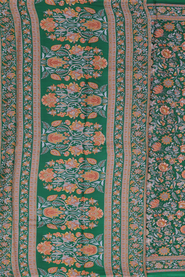 Printed Silk Saree In Forest Green With Floral Design