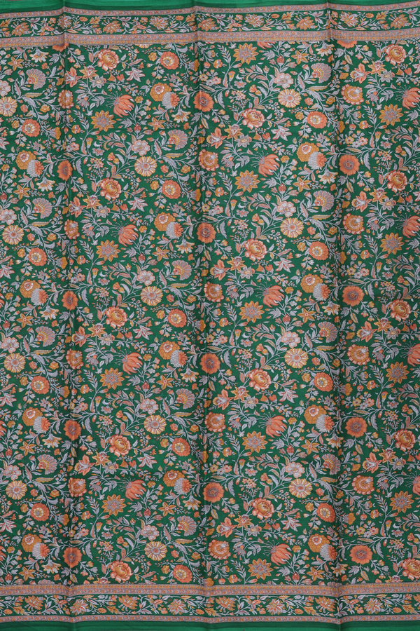 Printed Silk Saree In Forest Green With Floral Design