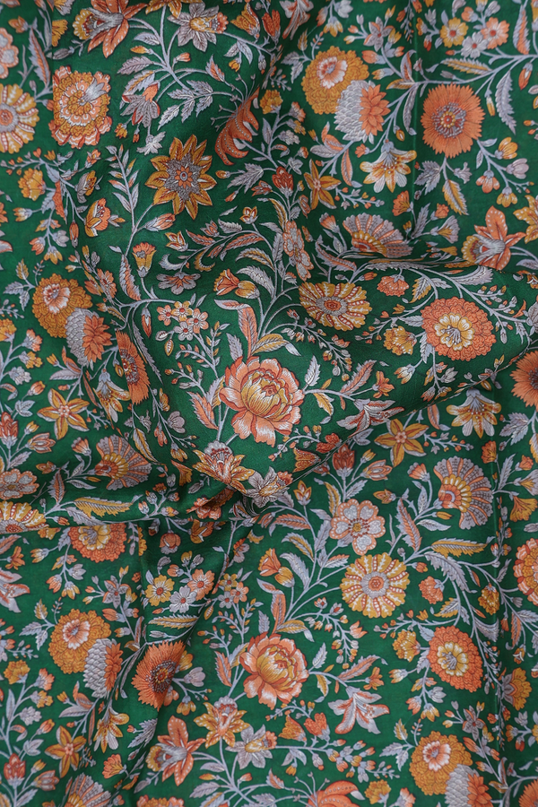 Printed Silk Saree In Forest Green With Floral Design
