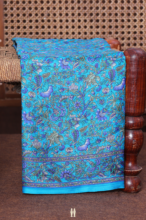 Printed Silk Saree In Cerulean Blue With Floral Design