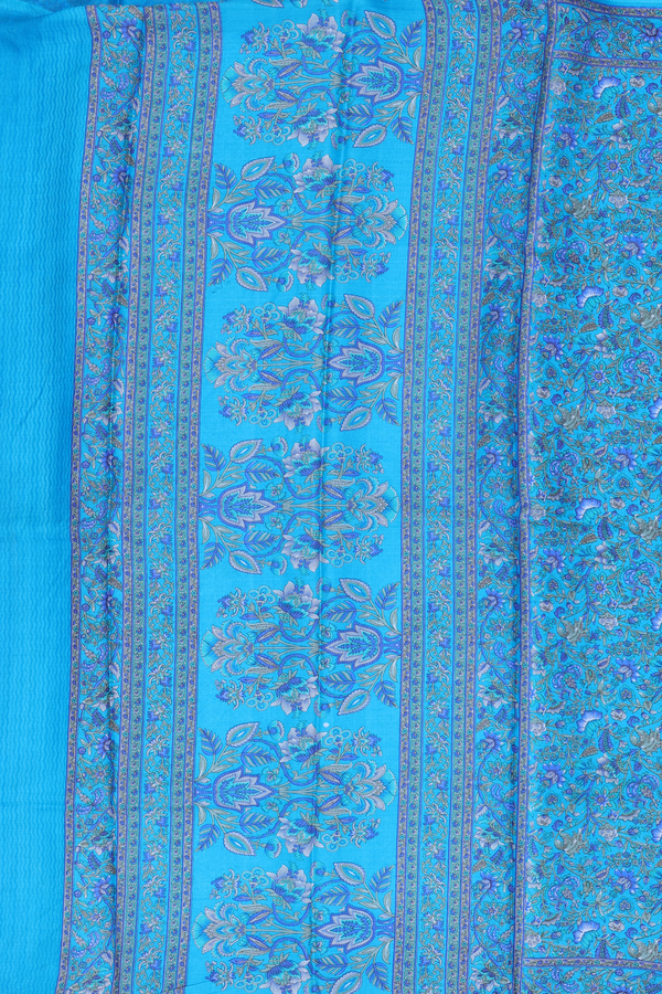 Printed Silk Saree In Cerulean Blue With Floral Design