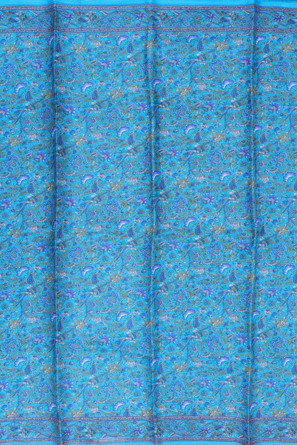 Printed Silk Saree In Cerulean Blue With Floral Design