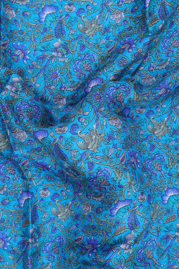 Printed Silk Saree In Cerulean Blue With Floral Design