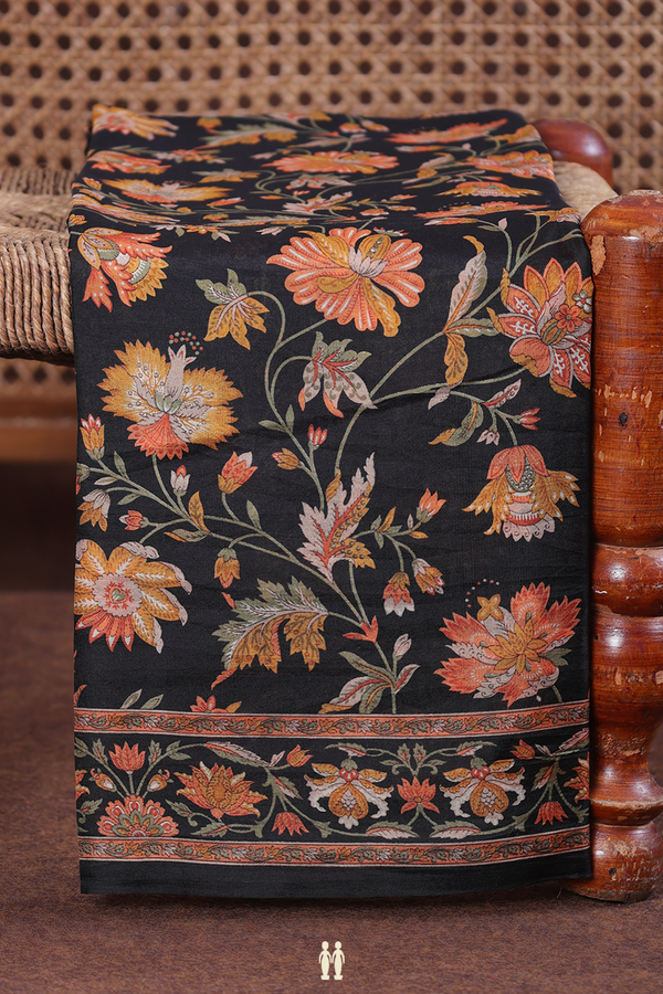 Printed Silk Saree In Black With Floral Design