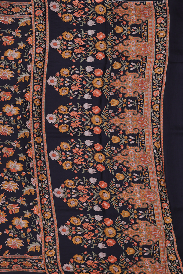 Printed Silk Saree In Black With Floral Design