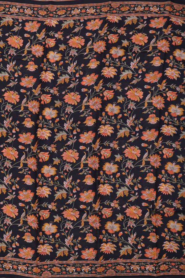 Printed Silk Saree In Black With Floral Design