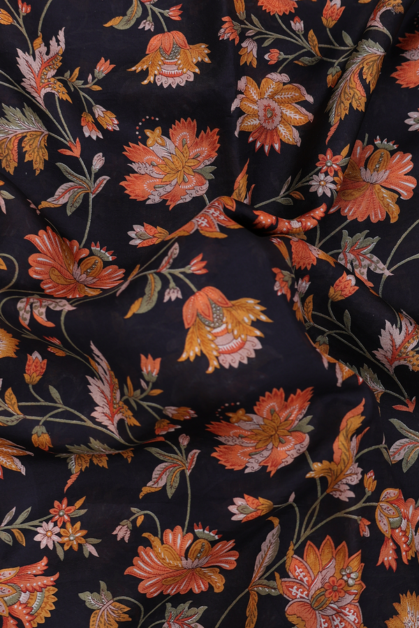 Printed Silk Saree In Black With Floral Design