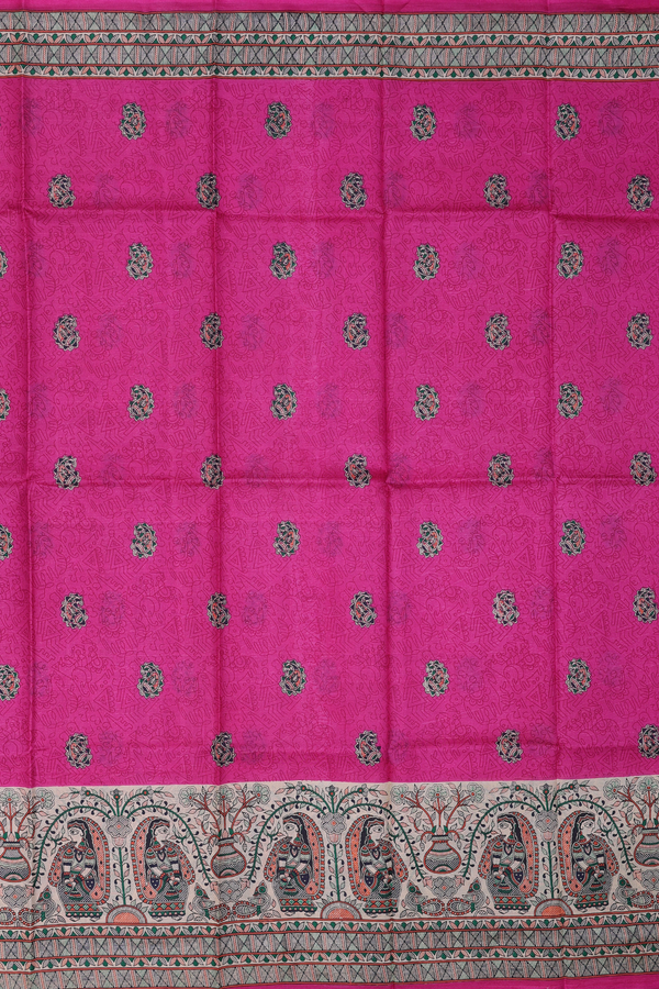 Printed Silk Saree In Magenta With Paisley Buttas