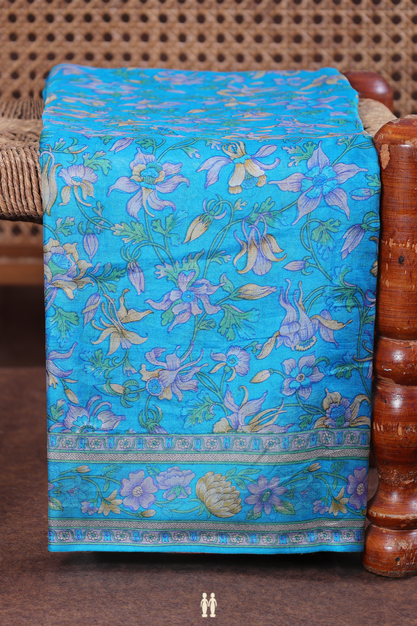 Printed Silk Saree In Sky Blue With Floral Design