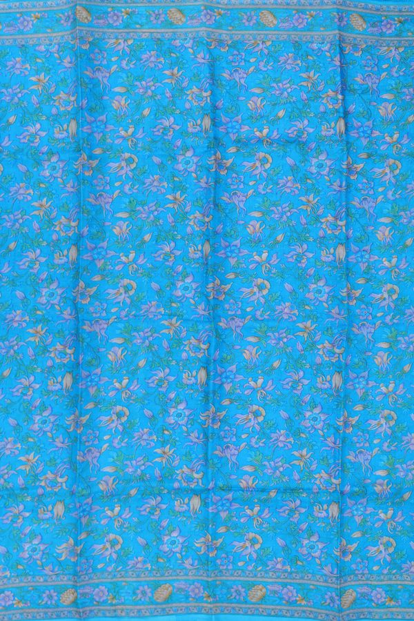 Printed Silk Saree In Sky Blue With Floral Design
