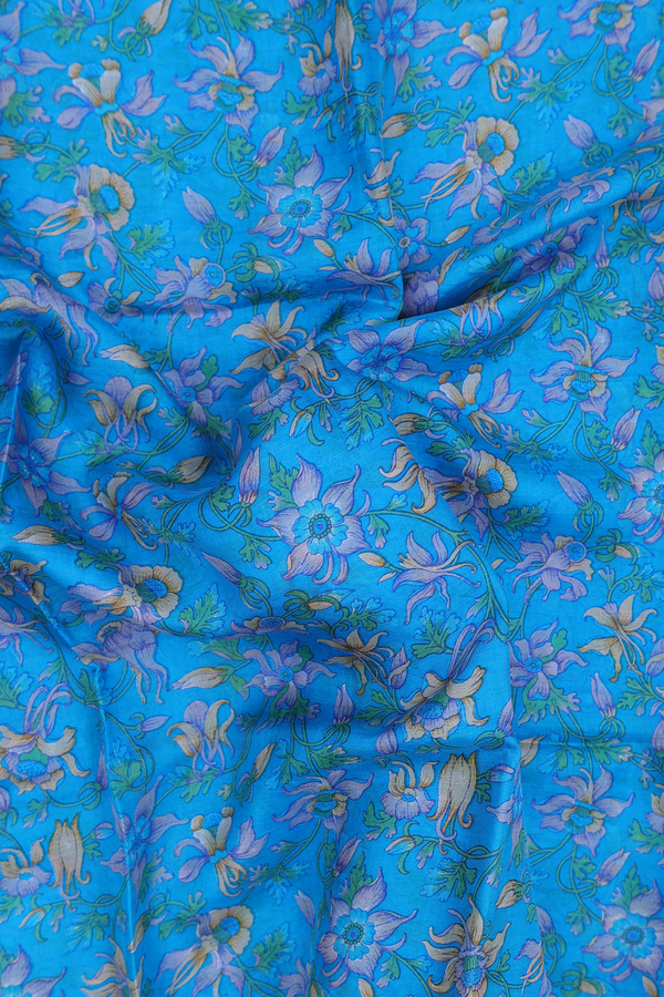 Printed Silk Saree In Sky Blue With Floral Design