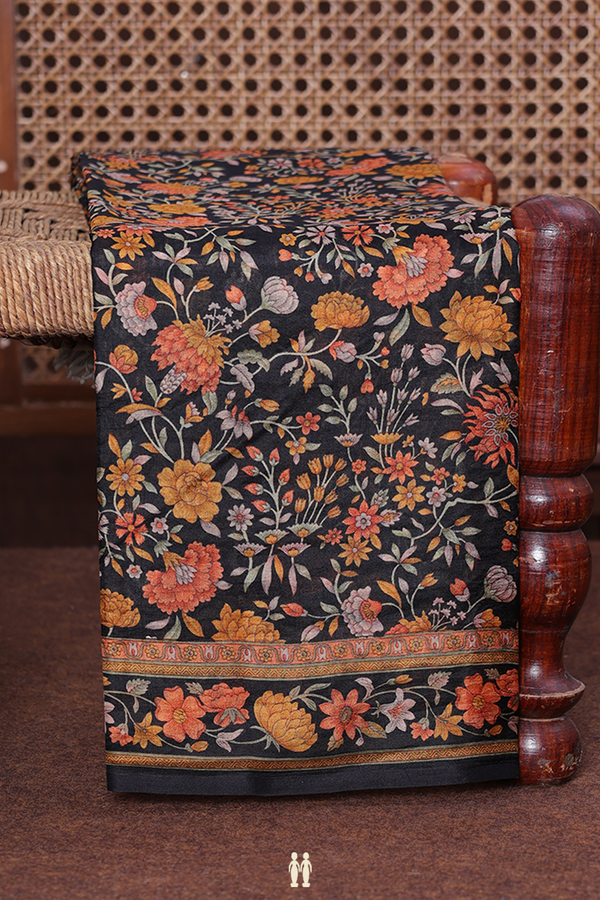Printed Silk Saree In Black With Floral Design