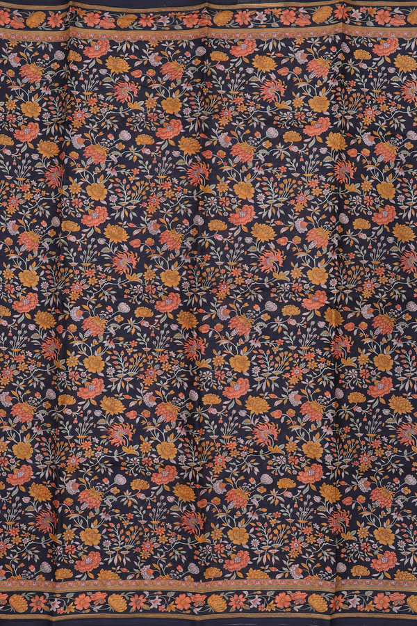 Printed Silk Saree In Black With Floral Design