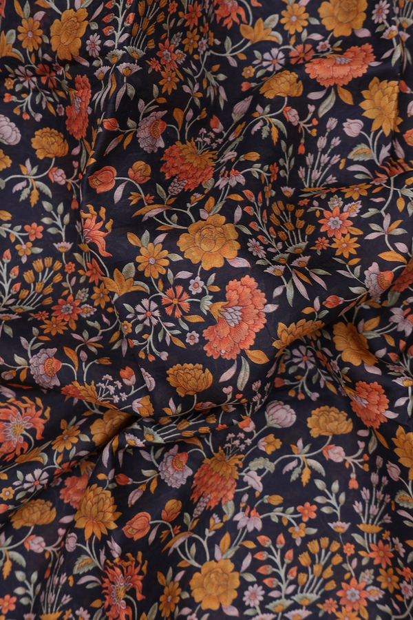 Printed Silk Saree In Black With Floral Design