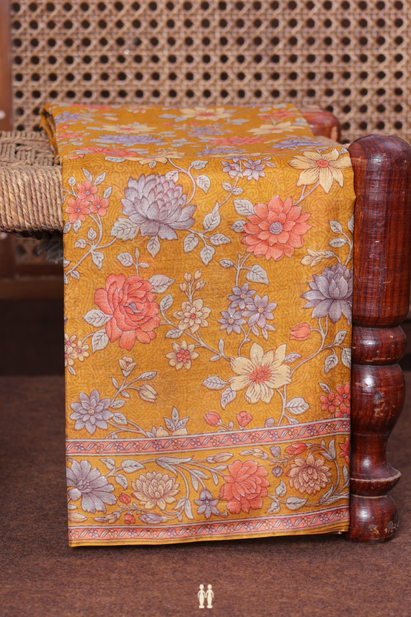 Printed Silk Saree In Golden Yellow With Floral Design